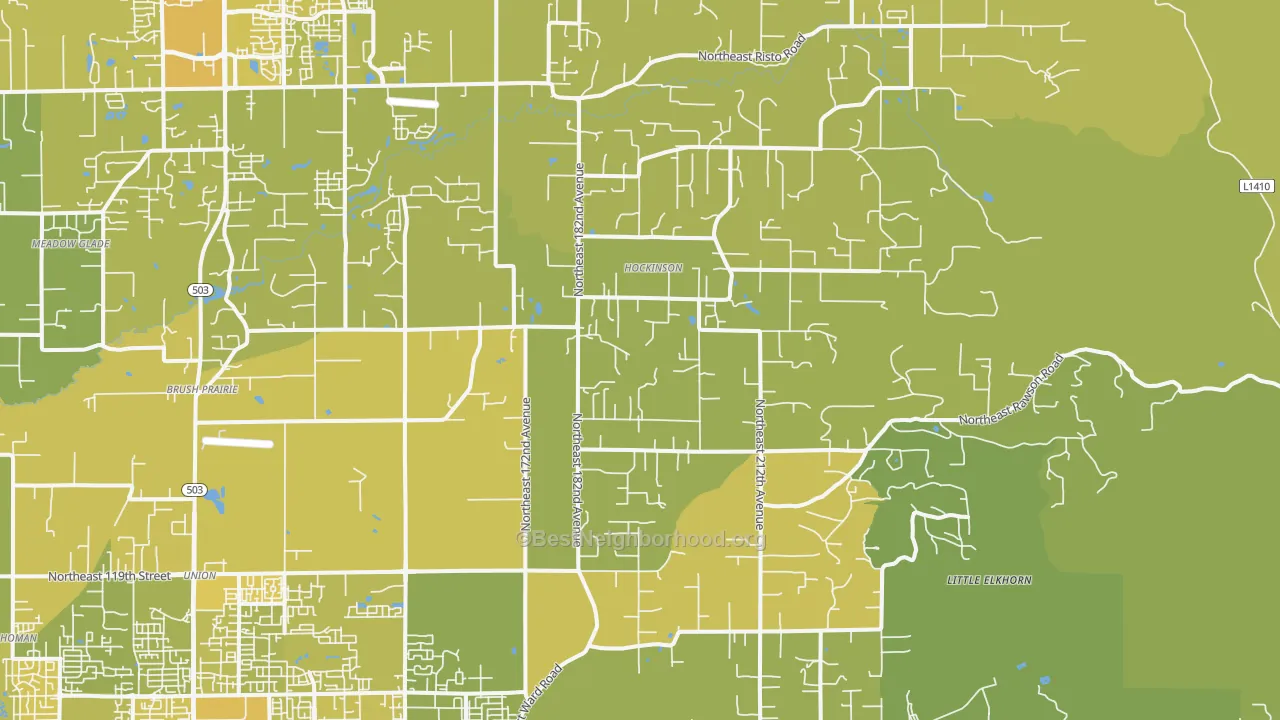 Map of the best neighborhoods in the 98606 area, with better matches in green and worse matches in red