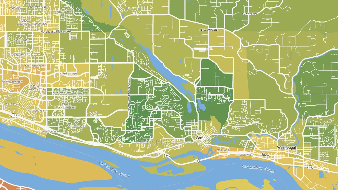 Map of the best neighborhoods in the 98607 area, with better matches in green and worse matches in red