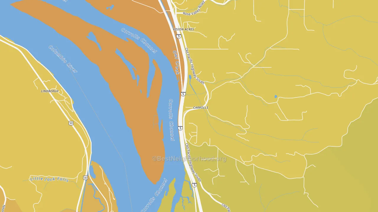 Map of the best neighborhoods in the 98609 area, with better matches in green and worse matches in red
