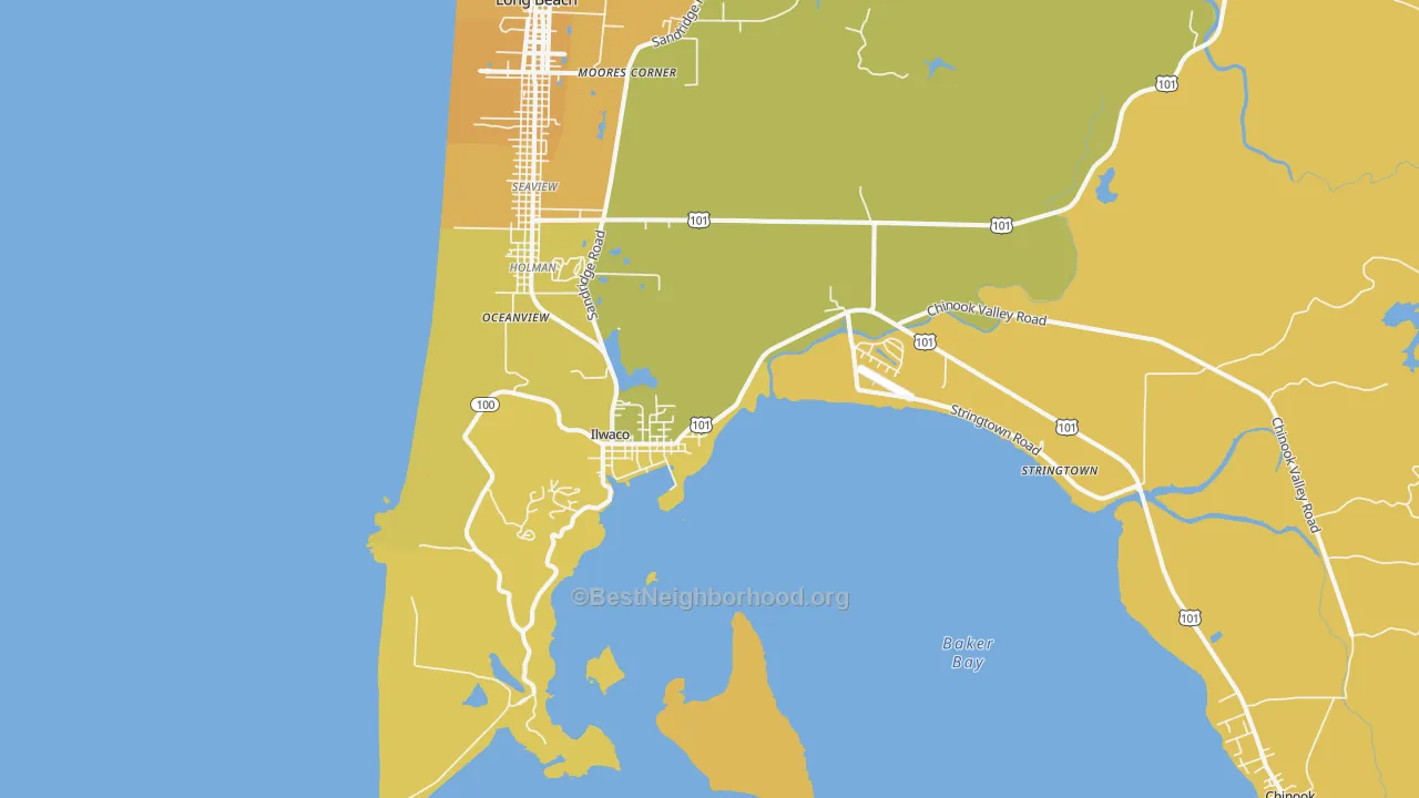 Map of the best neighborhoods in the 98624 area, with better matches in green and worse matches in red