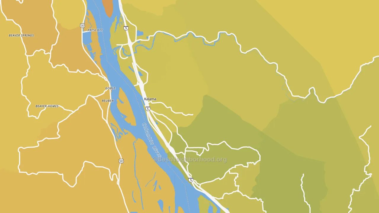 Map of the best neighborhoods in the 98625 area, with better matches in green and worse matches in red