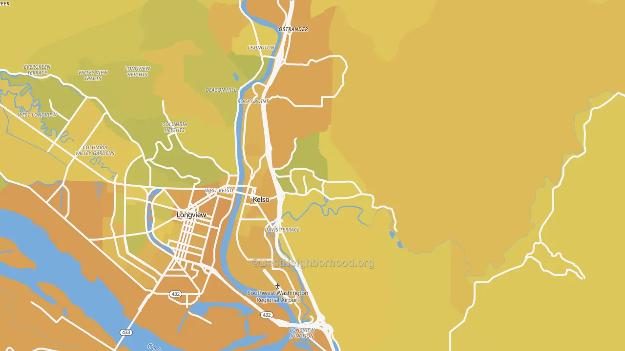 Map of the best neighborhoods in the 98626 area, with better matches in green and worse matches in red