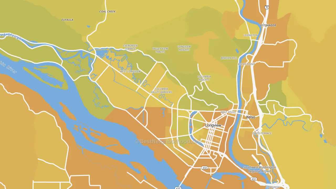 Map of the best neighborhoods in the 98632 area, with better matches in green and worse matches in red