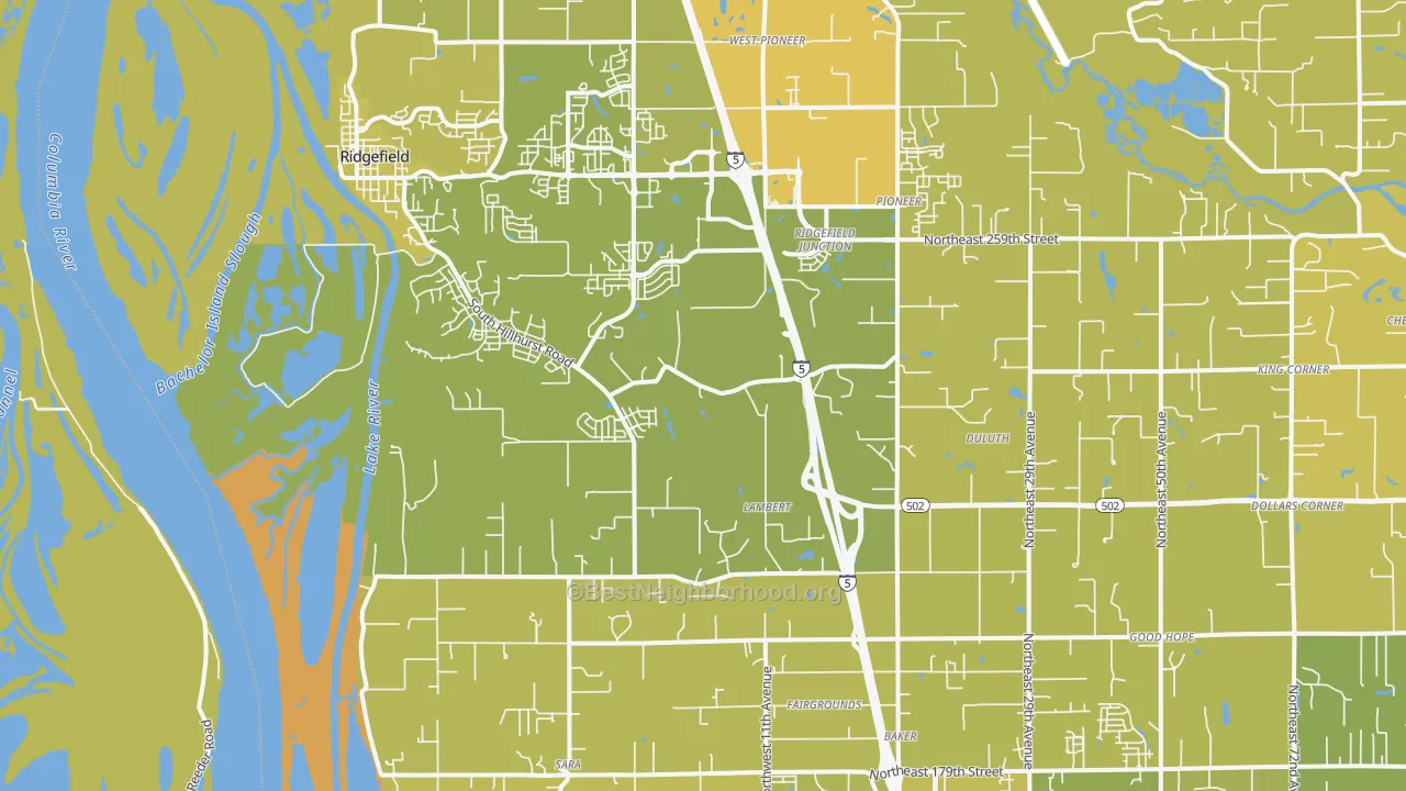 Map of the best neighborhoods in the 98642 area, with better matches in green and worse matches in red