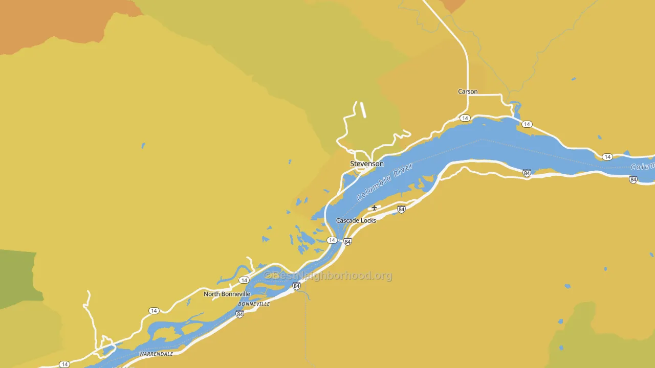 Map of the best neighborhoods in the 98648 area, with better matches in green and worse matches in red