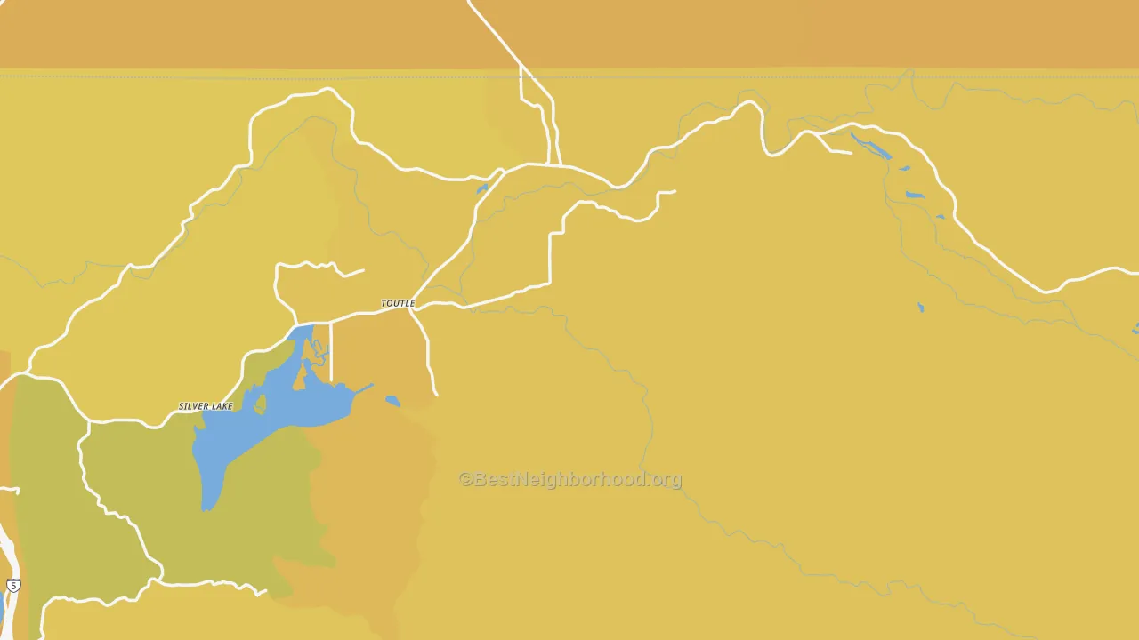Map of the best neighborhoods in the 98649 area, with better matches in green and worse matches in red