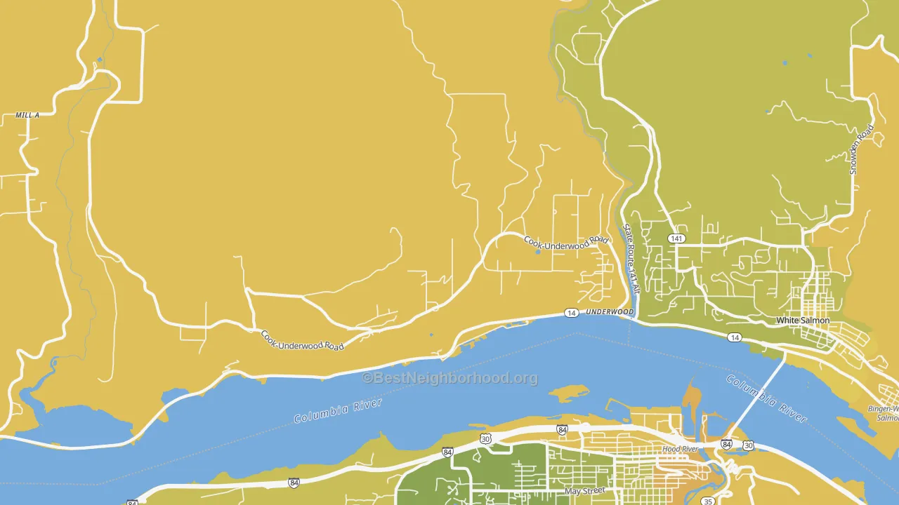 Map of the best neighborhoods in the 98651 area, with better matches in green and worse matches in red