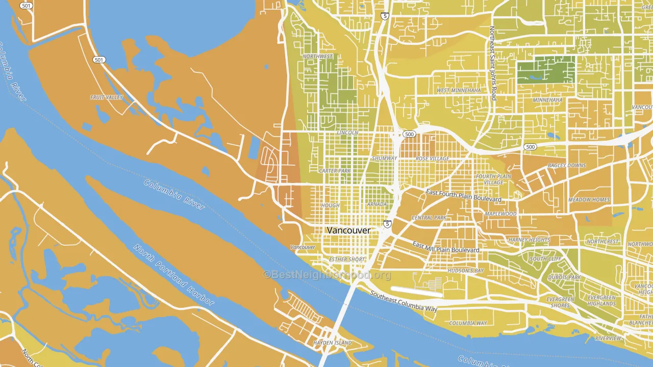 Map of the best neighborhoods in the 98660 area, with better matches in green and worse matches in red