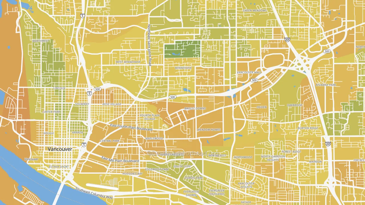 Map of the best neighborhoods in the 98661 area, with better matches in green and worse matches in red