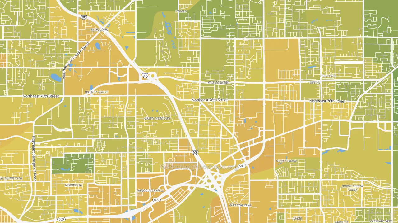 Map of the best neighborhoods in the 98662 area, with better matches in green and worse matches in red