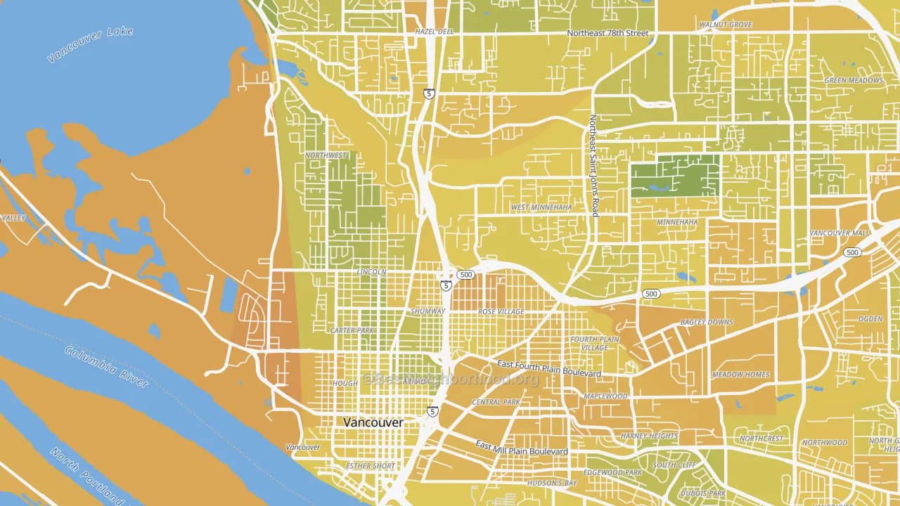Map of the best neighborhoods in the 98663 area, with better matches in green and worse matches in red