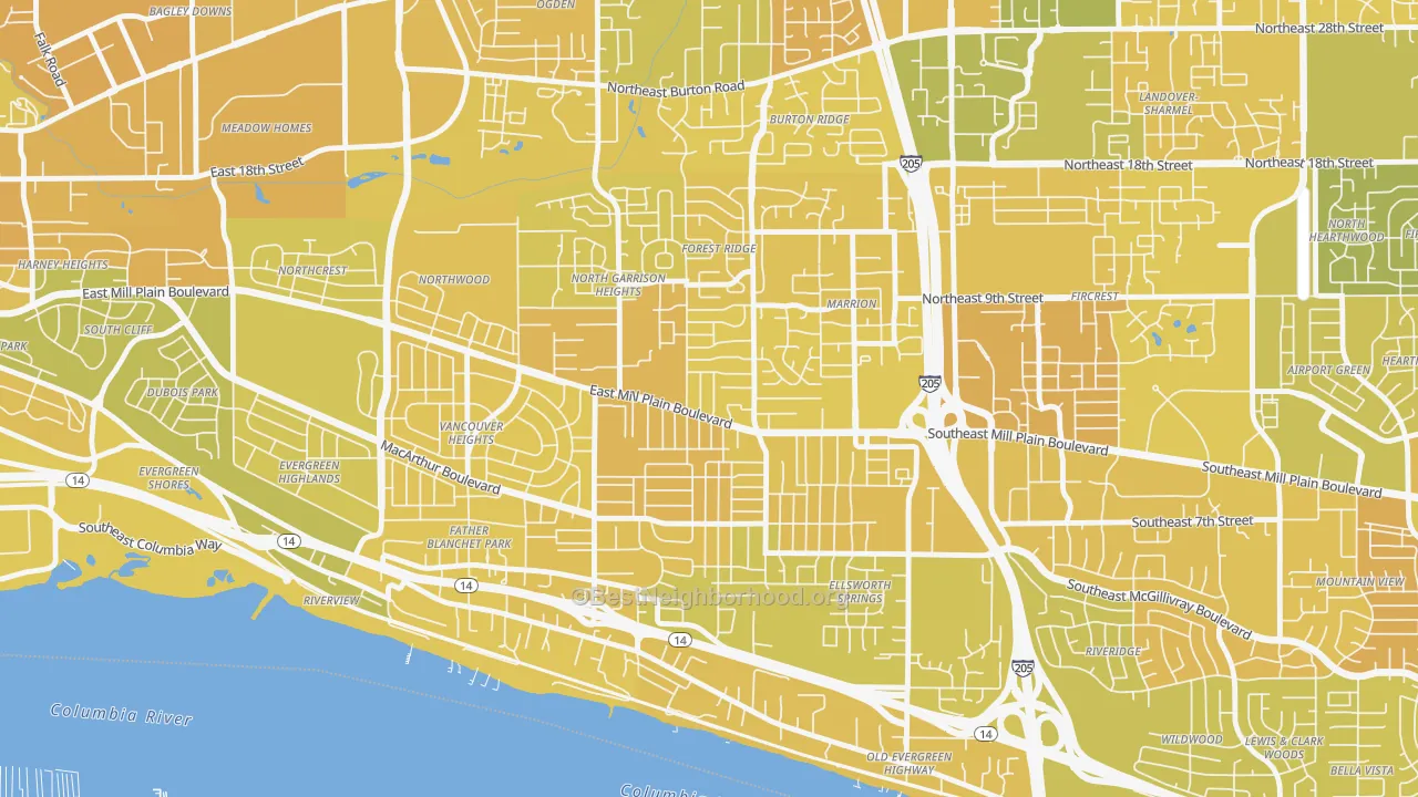 Map of the best neighborhoods in the 98664 area, with better matches in green and worse matches in red