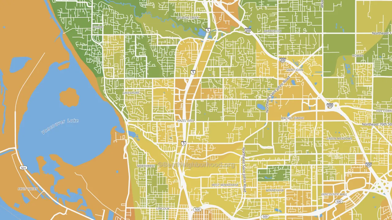 Map of the best neighborhoods in the 98665 area, with better matches in green and worse matches in red