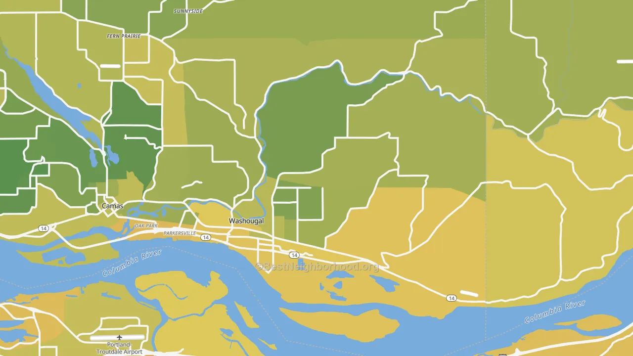 Map of the best neighborhoods in the 98671 area, with better matches in green and worse matches in red