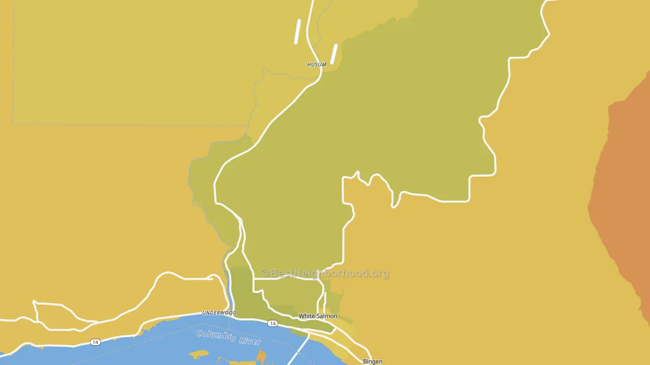 Map of the best neighborhoods in the 98672 area, with better matches in green and worse matches in red