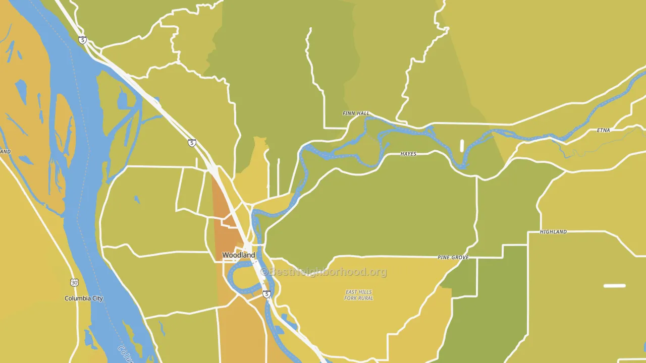 Map of the best neighborhoods in the 98674 area, with better matches in green and worse matches in red