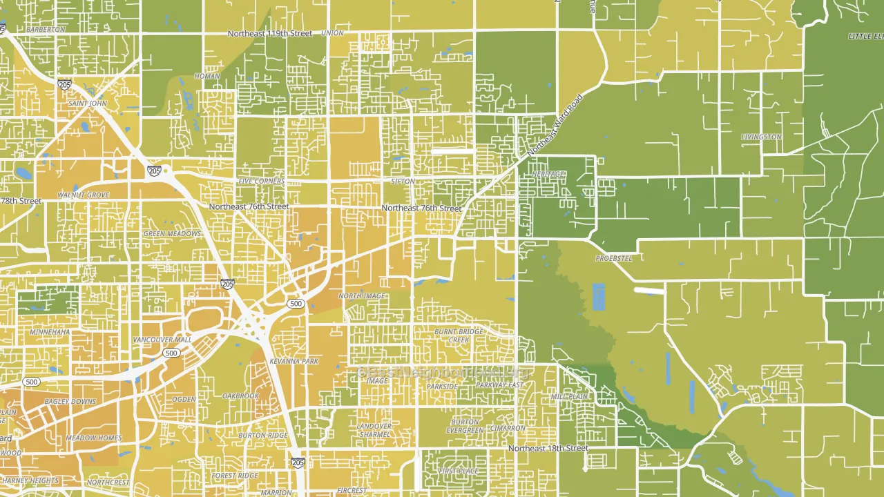 Map of the best neighborhoods in the 98682 area, with better matches in green and worse matches in red