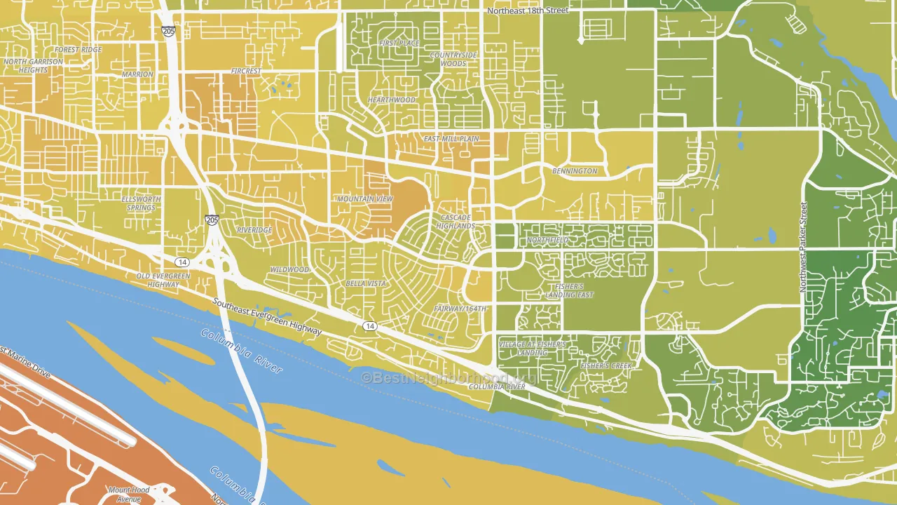 Map of the best neighborhoods in the 98683 area, with better matches in green and worse matches in red
