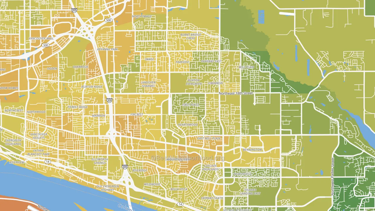 Map of the best neighborhoods in the 98684 area, with better matches in green and worse matches in red