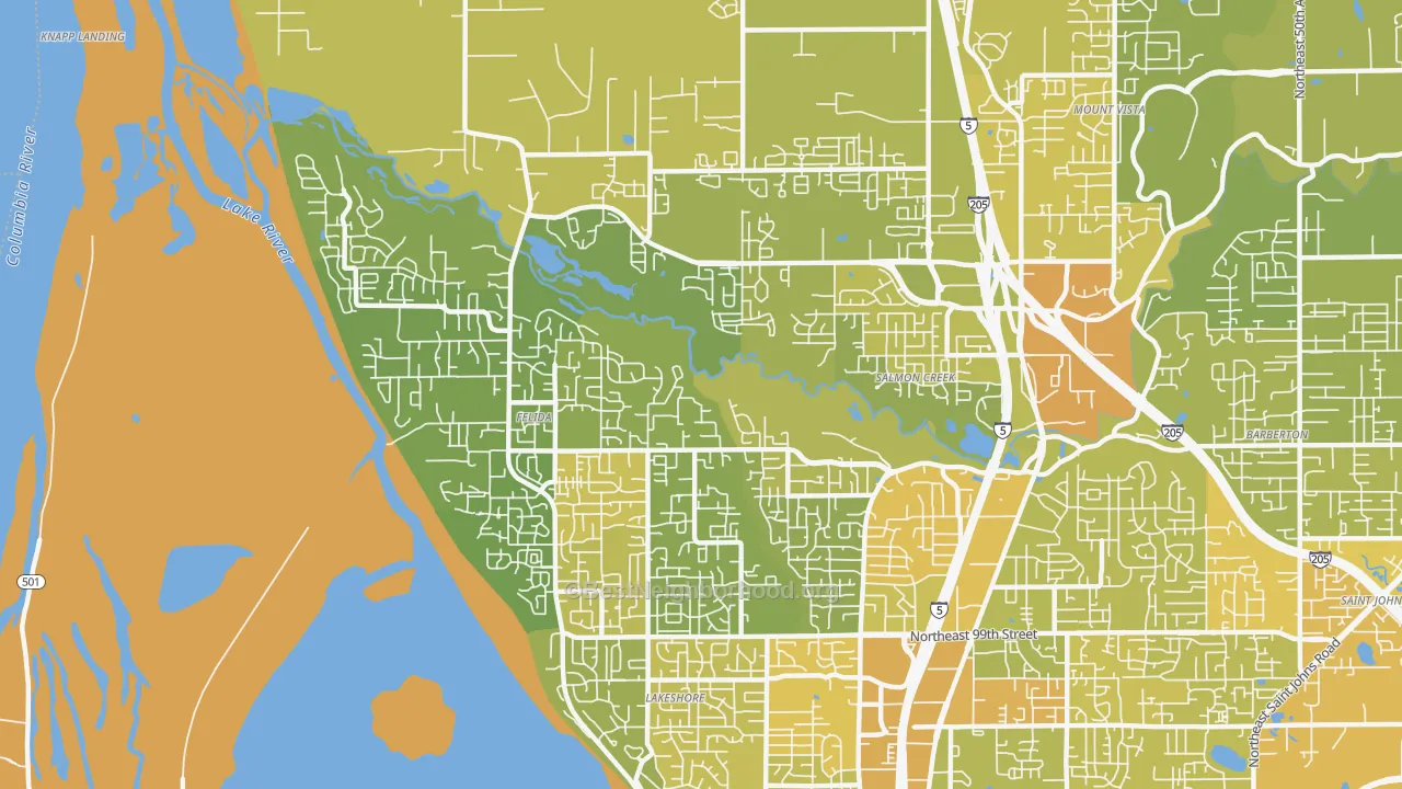 Map of the best neighborhoods in the 98685 area, with better matches in green and worse matches in red