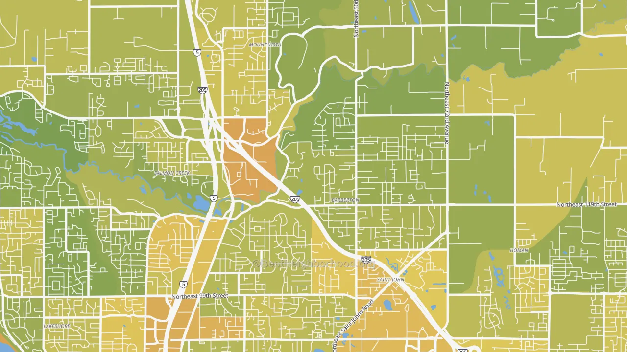 Map of the best neighborhoods in the 98686 area, with better matches in green and worse matches in red