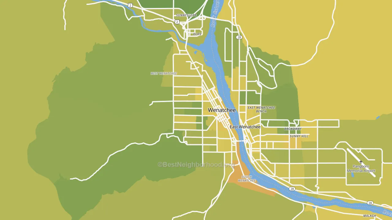 Map of the best neighborhoods in the 98801 area, with better matches in green and worse matches in red