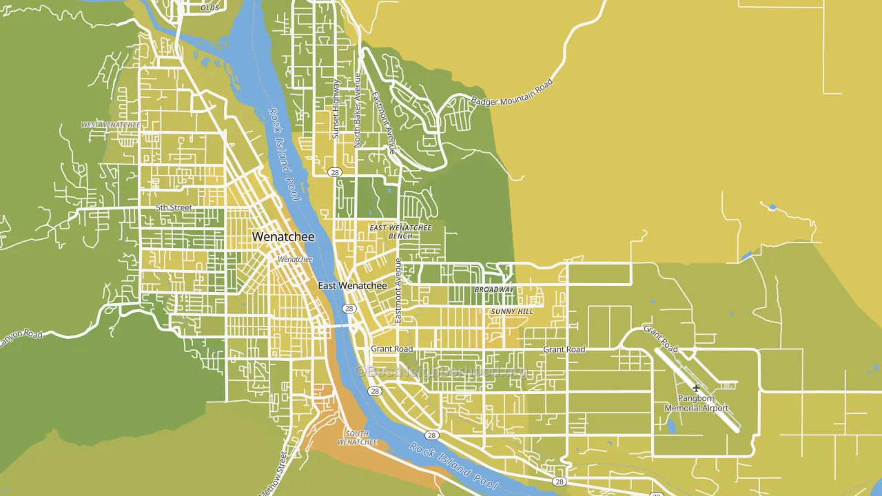Map of the best neighborhoods in the 98802 area, with better matches in green and worse matches in red