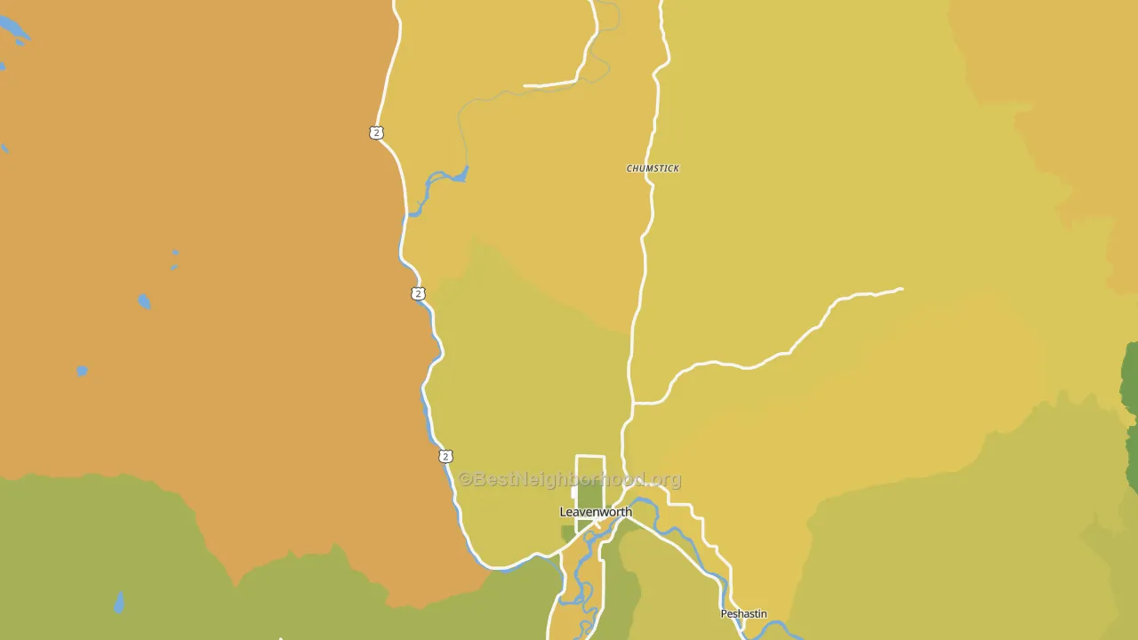 Map of the best neighborhoods in the 98826 area, with better matches in green and worse matches in red