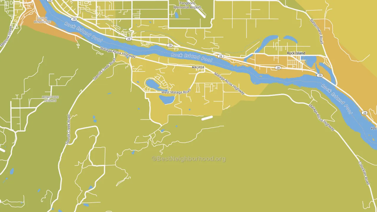 Map of the best neighborhoods in the 98828 area, with better matches in green and worse matches in red