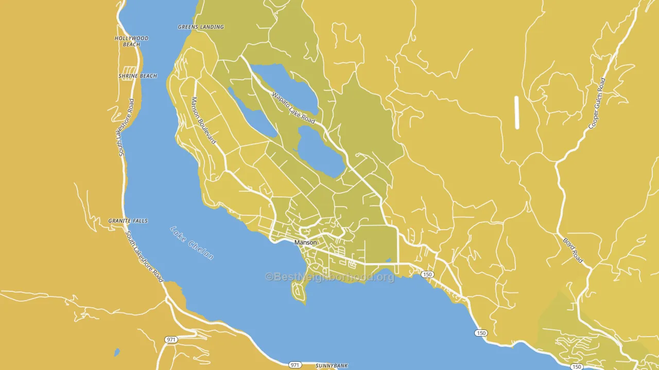 Map of the best neighborhoods in the 98831 area, with better matches in green and worse matches in red
