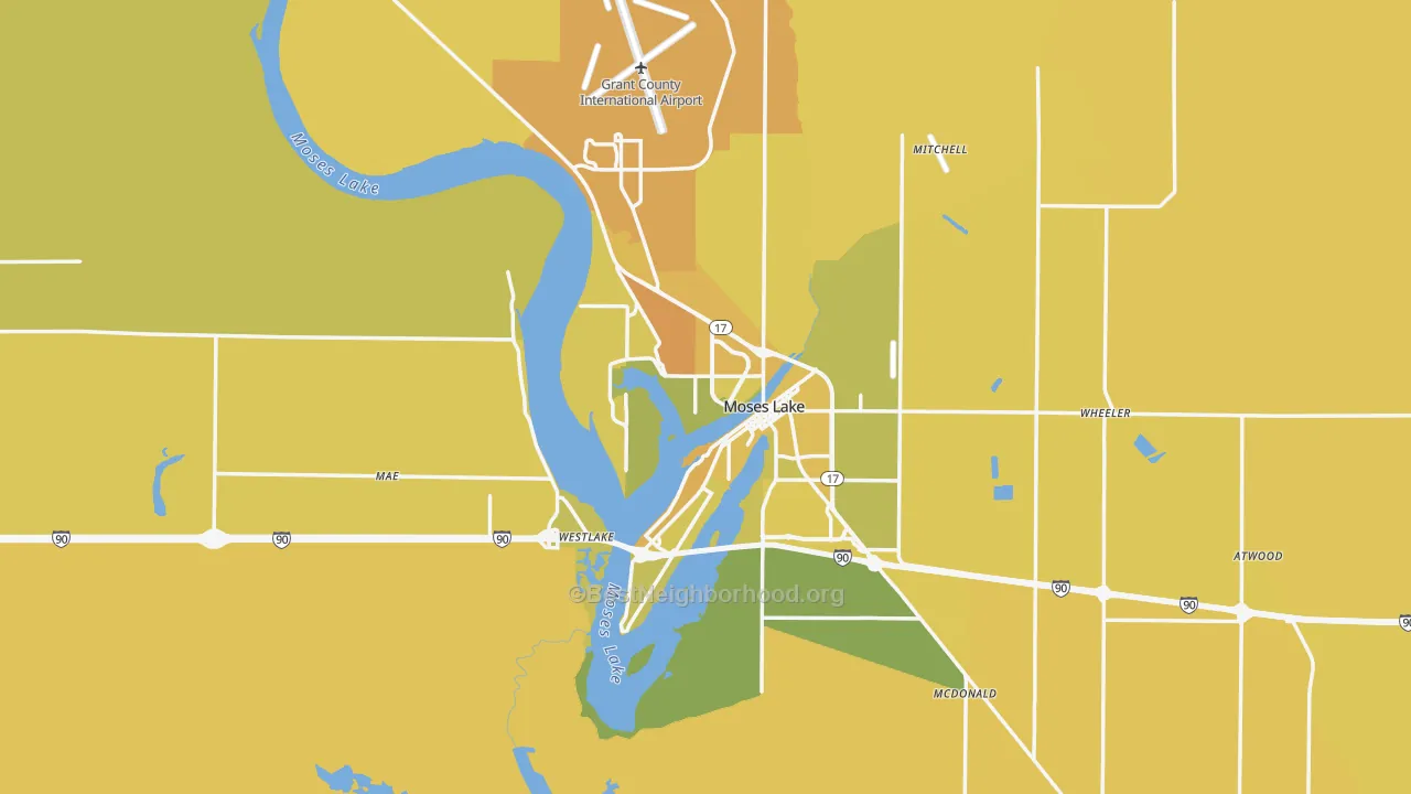 Map of the best neighborhoods in the 98837 area, with better matches in green and worse matches in red
