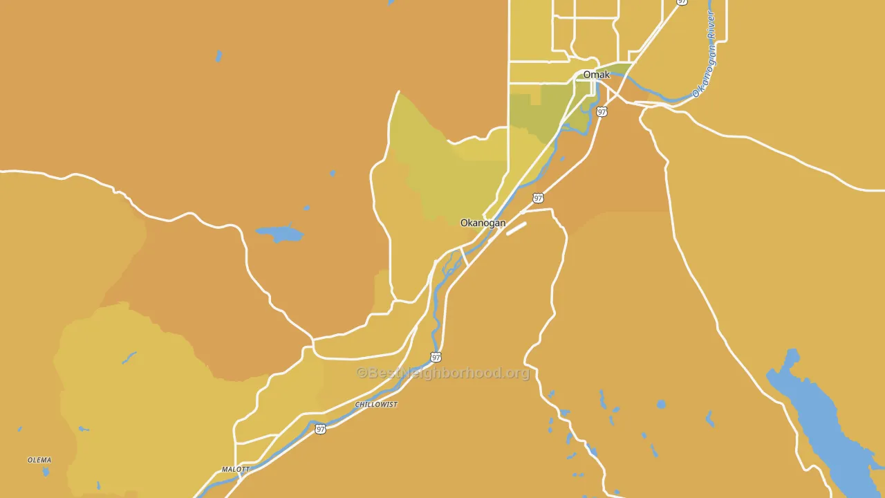 Map of the best neighborhoods in the 98840 area, with better matches in green and worse matches in red