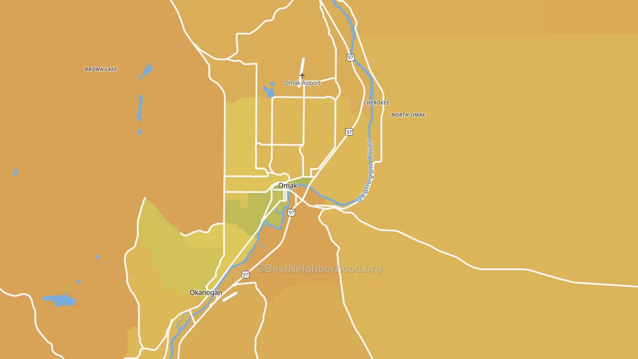 Map of the best neighborhoods in the 98841 area, with better matches in green and worse matches in red