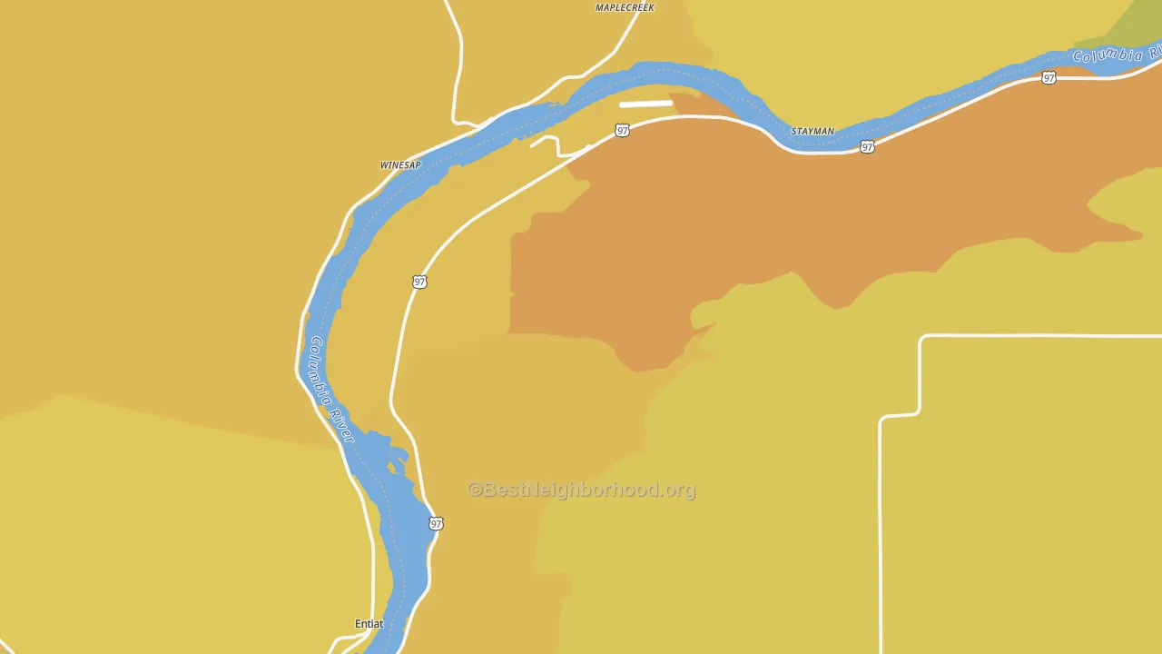 Map of the best neighborhoods in the 98843 area, with better matches in green and worse matches in red