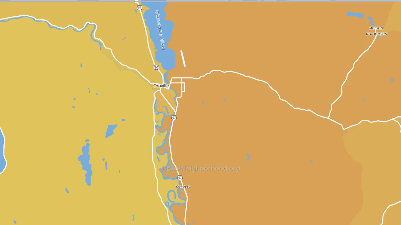 Map of the best neighborhoods in the 98844 area, with better matches in green and worse matches in red
