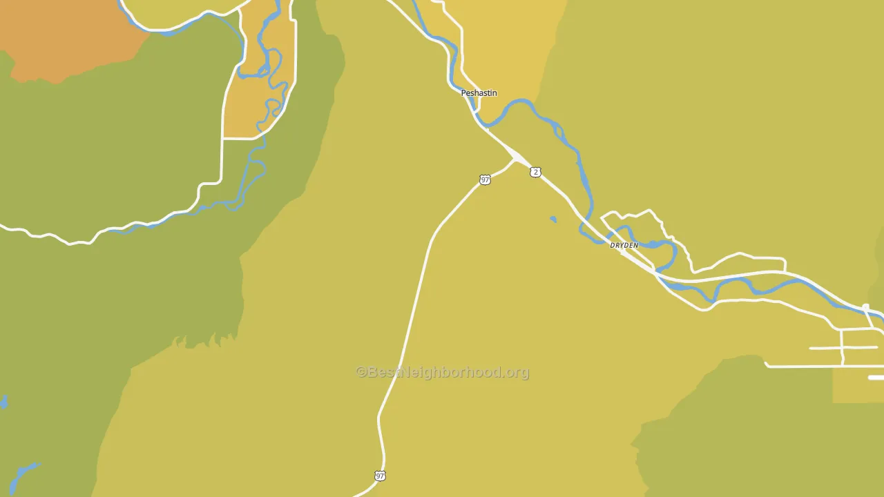 Map of the best neighborhoods in the 98847 area, with better matches in green and worse matches in red
