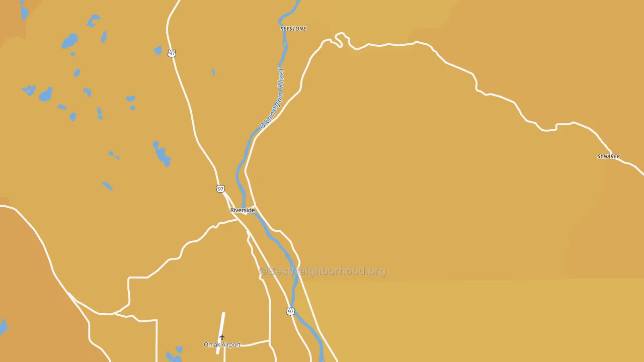 Map of the best neighborhoods in the 98849 area, with better matches in green and worse matches in red