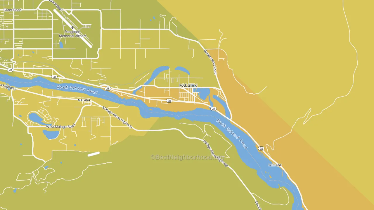 Map of the best neighborhoods in the 98850 area, with better matches in green and worse matches in red