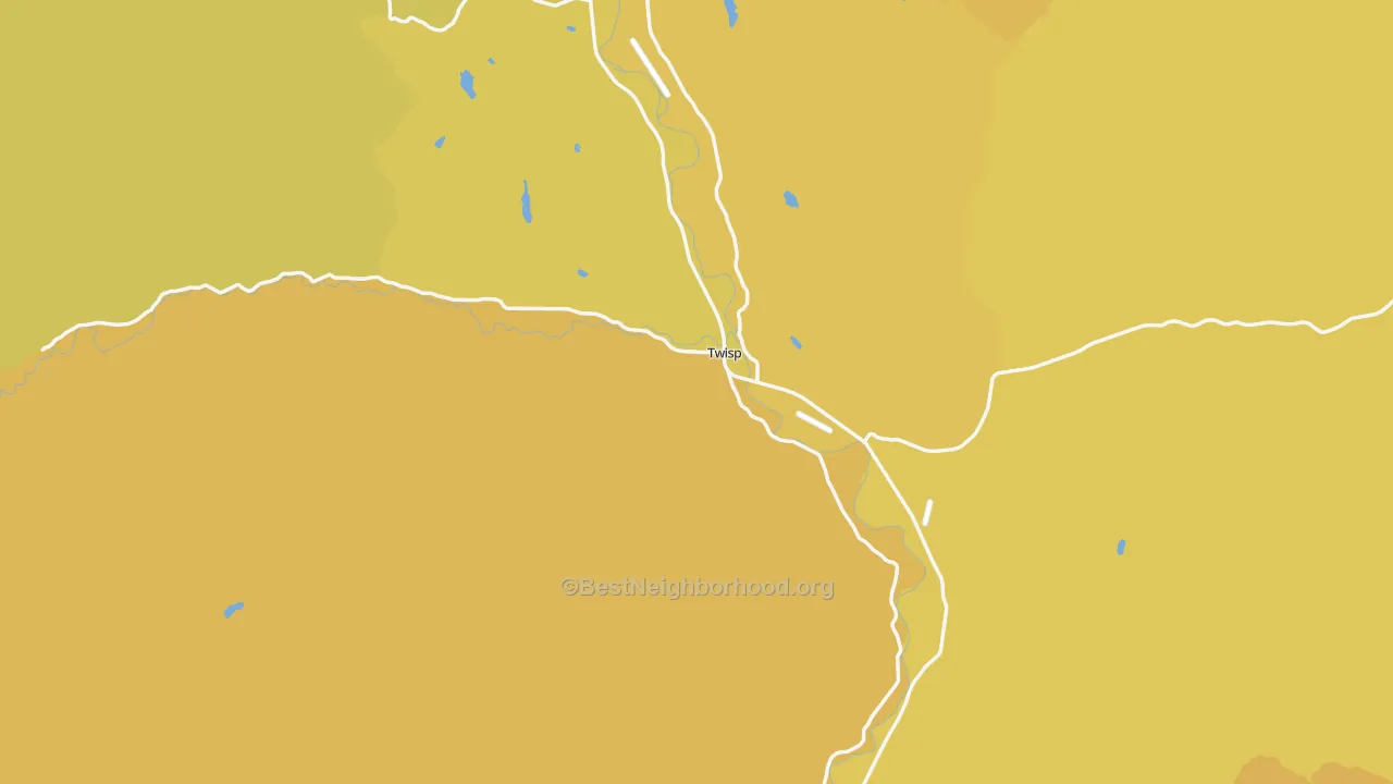 Map of the best neighborhoods in the 98856 area, with better matches in green and worse matches in red