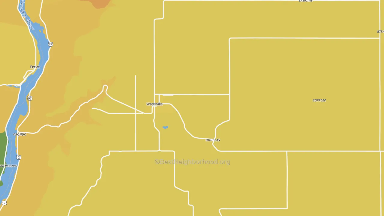 Map of the best neighborhoods in the 98858 area, with better matches in green and worse matches in red