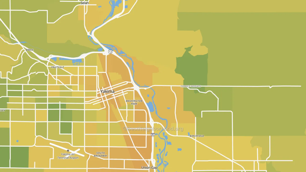 Map of the best neighborhoods in the 98901 area, with better matches in green and worse matches in red
