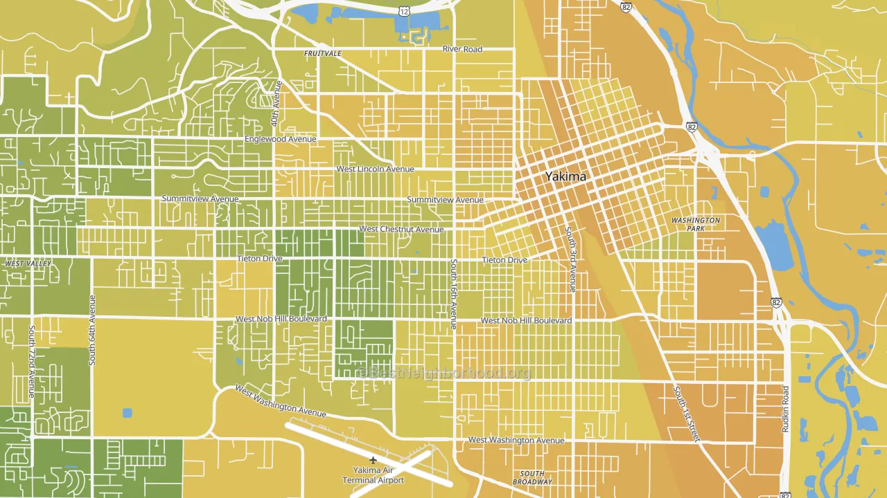 Map of the best neighborhoods in the 98902 area, with better matches in green and worse matches in red
