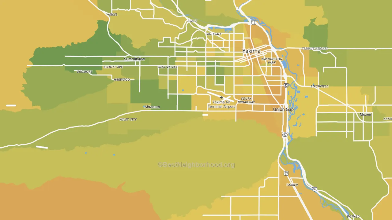 Map of the best neighborhoods in the 98903 area, with better matches in green and worse matches in red