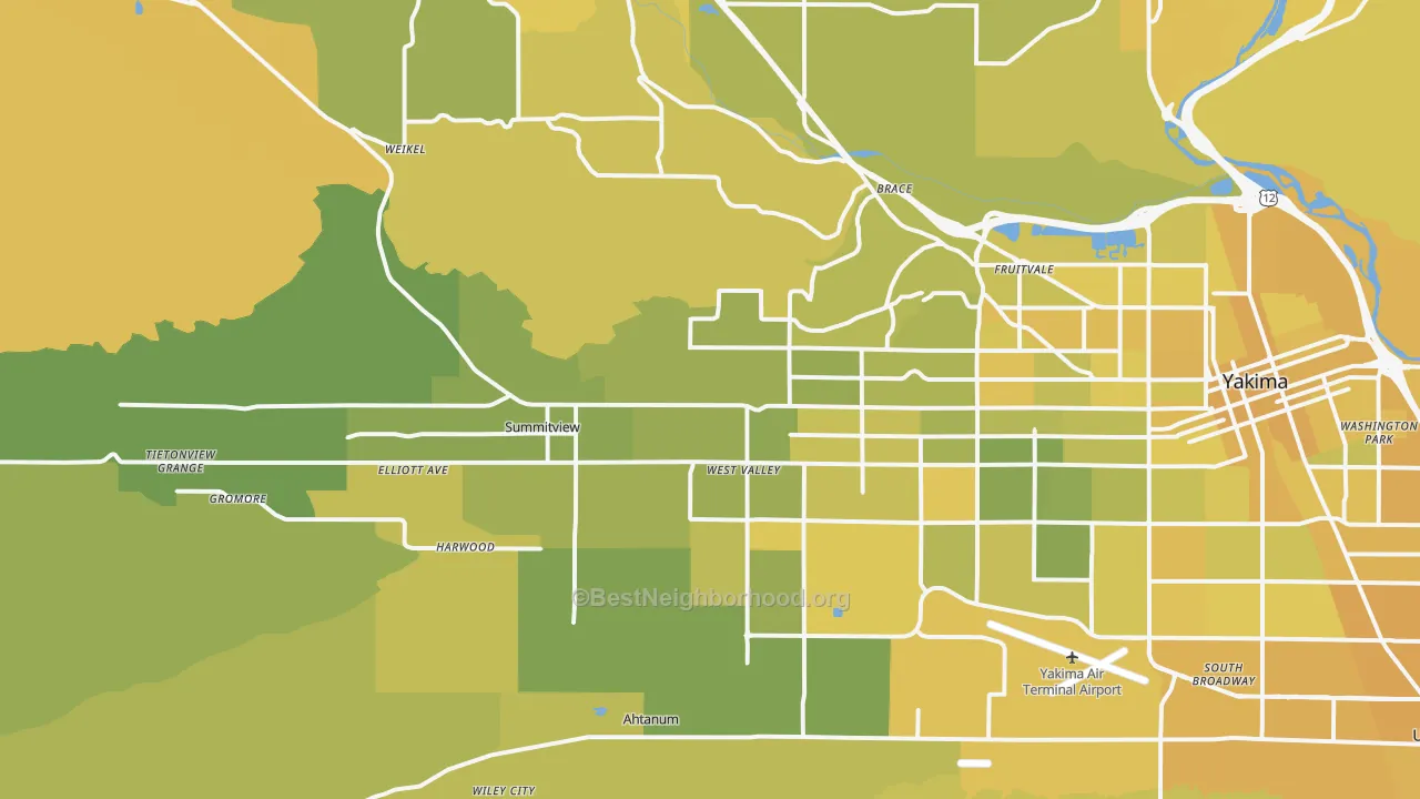 Map of the best neighborhoods in the 98908 area, with better matches in green and worse matches in red