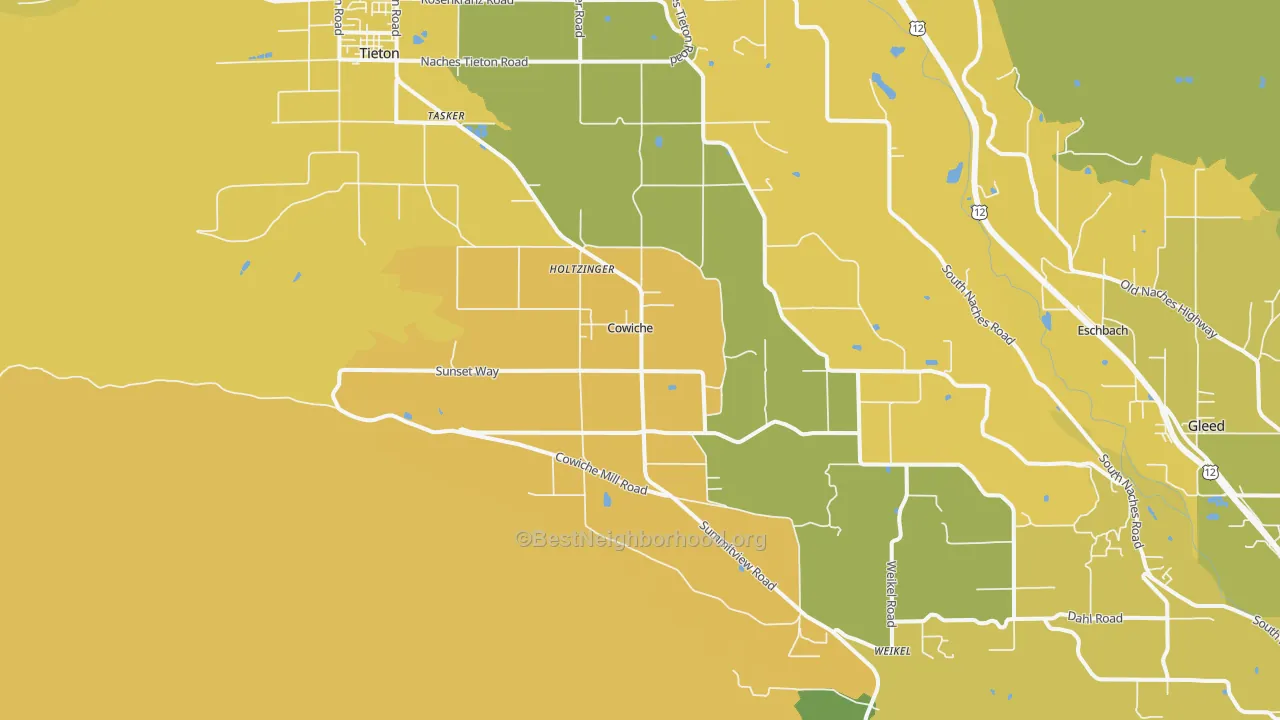 Map of the best neighborhoods in the 98923 area, with better matches in green and worse matches in red