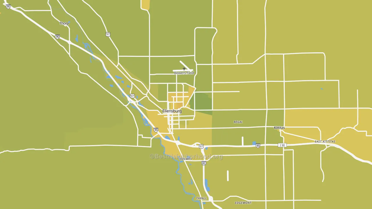 Map of the best neighborhoods in the 98926 area, with better matches in green and worse matches in red