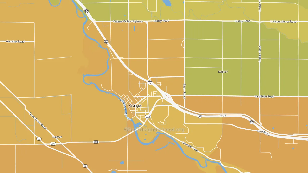 Map of the best neighborhoods in the 98932 area, with better matches in green and worse matches in red
