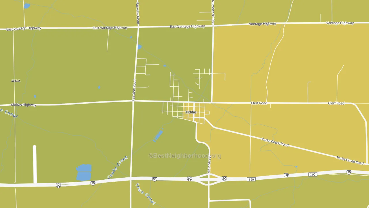 Map of the best neighborhoods in the 98934 area, with better matches in green and worse matches in red