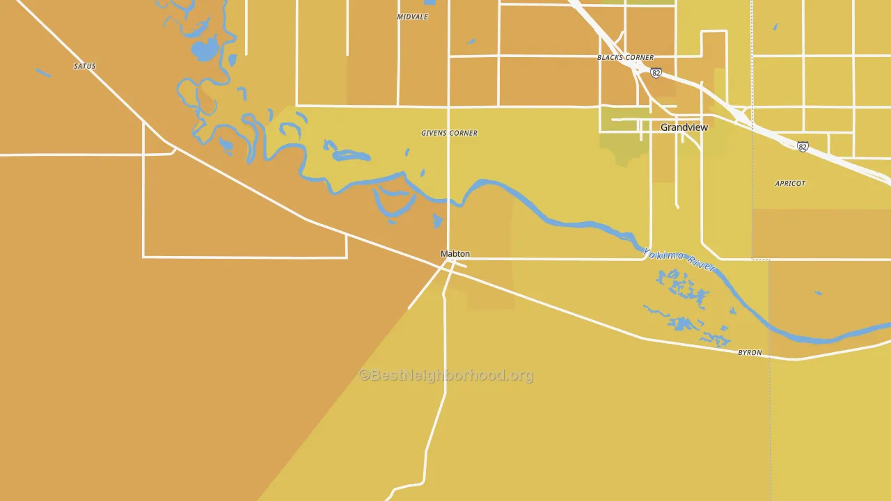 Map of the best neighborhoods in the 98935 area, with better matches in green and worse matches in red