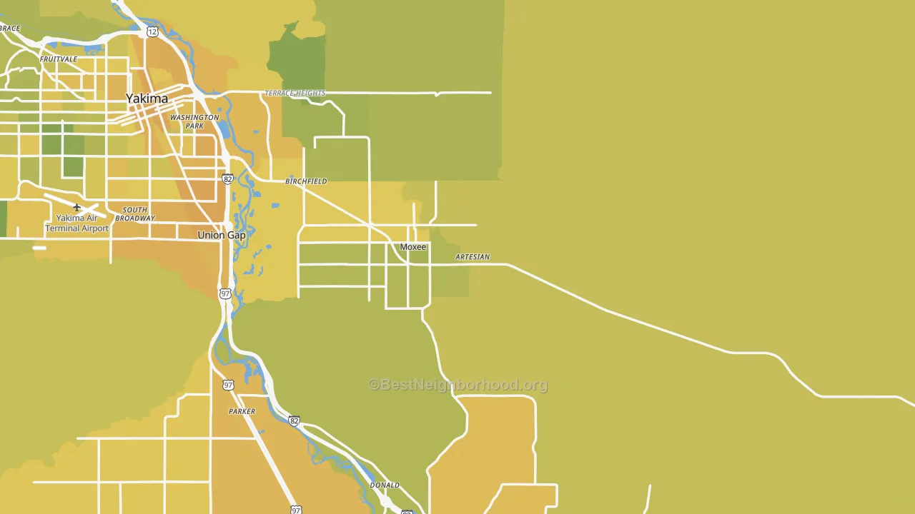 Map of the best neighborhoods in the 98936 area, with better matches in green and worse matches in red